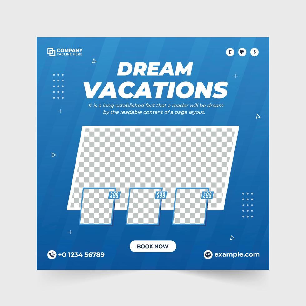 Travel agency social media post design with blue and green colors. Touring business poster vector. Tour and travel banner for the business agency. Dream vacation and tour planner business flyer vector