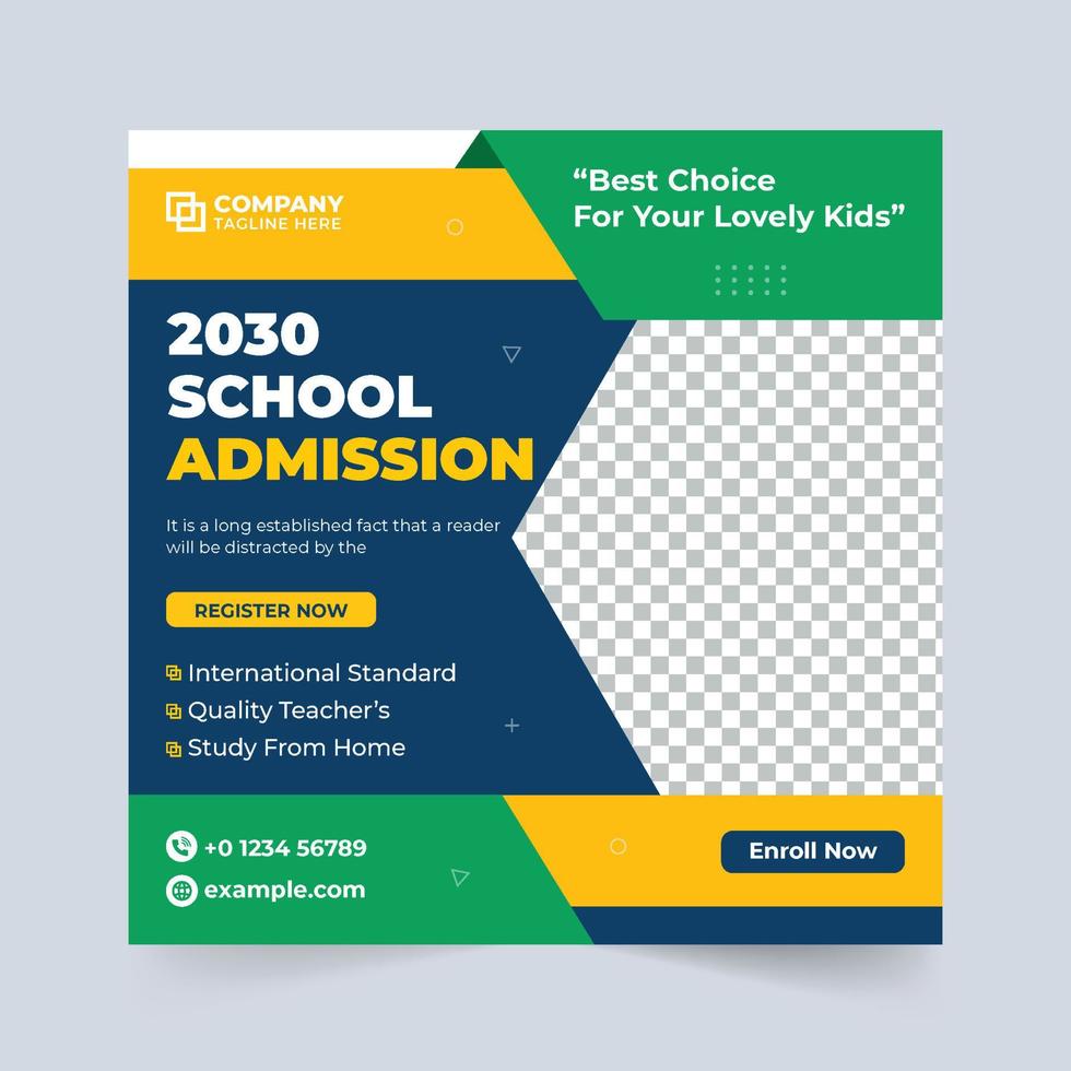 Modern school admission social media post vector with abstract shapes. Academic admission and university study promotion template with yellow and green colors. School admission social media template.