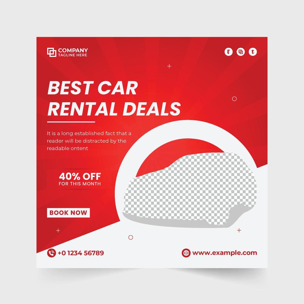 Car rental shop promotion social media post design with blue and red colors. Automobile business advertisement template with creative shapes. Car rental service web banner vector for marketing.