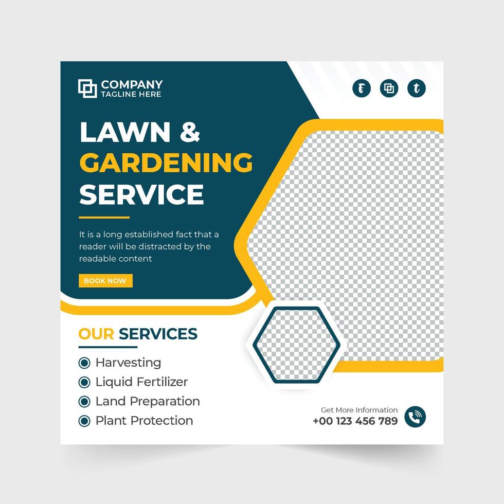 plantilla de marketing en redes sociales de negocios agrícolas creativos con colores verde y azul. vector de banner web de servicio de césped y jardinería. plantilla de servicio de cuidado de jardines y paisajismo para redes sociales.