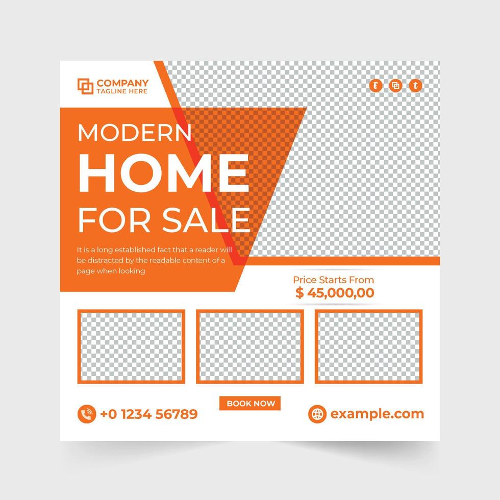 plantilla de marketing en redes sociales de negocios inmobiliarios con colores naranja y azul. diseño de banner web de venta de casas modernas para publicidad. vector de diseño de cartel promocional de venta de propiedad de casa.