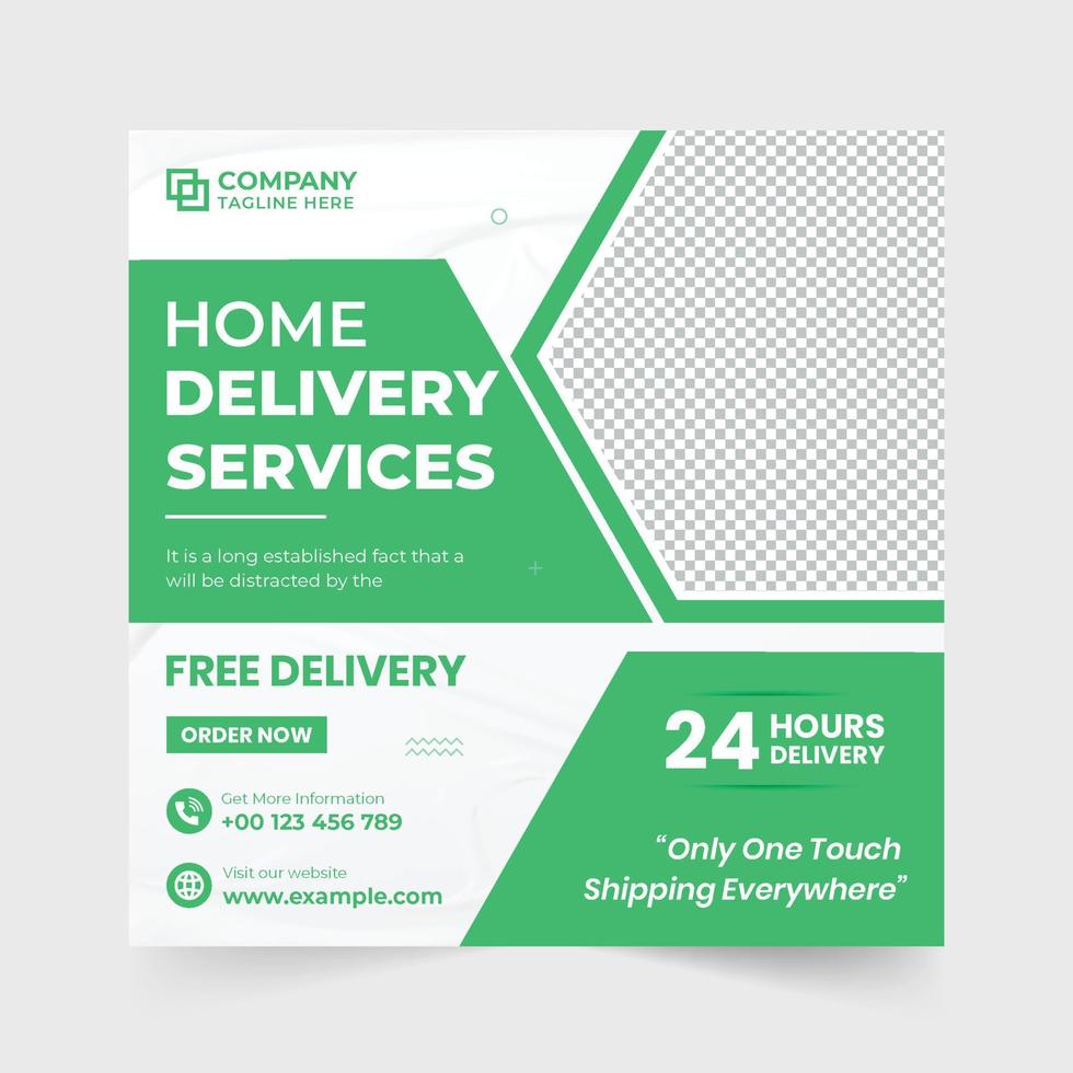 Home delivery business social media post vector with green and blue colors. Express delivery service web banner template with discount offer. Supermarket home delivery service template for marketing.