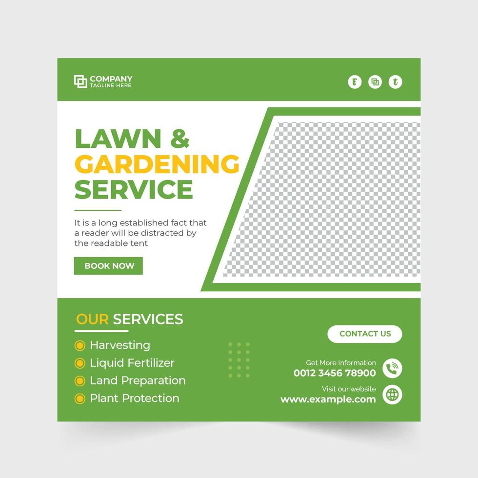 servicio de cuidado de jardines y plantilla de promoción comercial de cortadoras de césped. cortacésped y servicio de paisajismo vector de publicación en redes sociales con colores verde y amarillo. plantilla de banner web de negocios agroagrícolas.