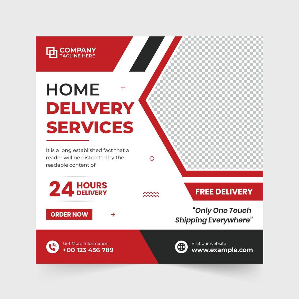 Digital home delivery service social media post vector with abstract shapes. Free delivery service web banner design with red and blue colors. Delivery service template vector with a photo placeholder