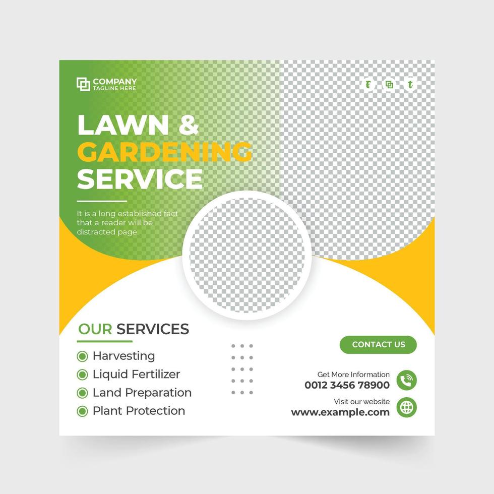 Lawn and gardening service social media post vector. Farming service advertisement template with yellow and green colors. Lawn mower business promotional web banner vector with abstract shapes.