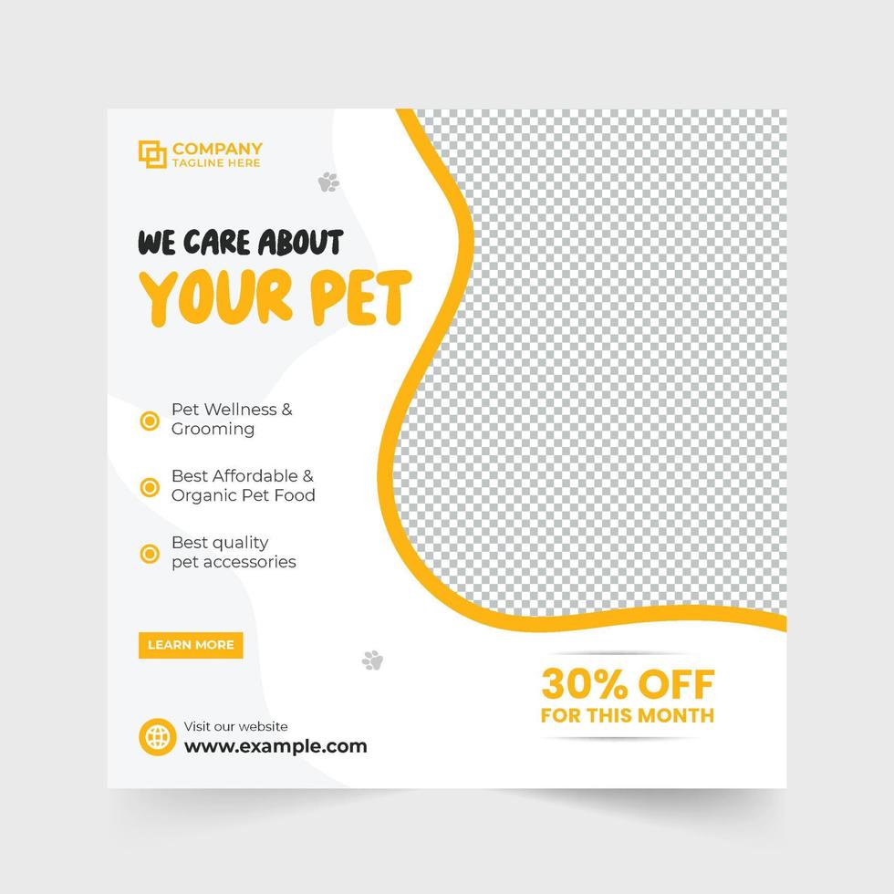 diseño de banner web de servicio de cuidado de mascotas simple con formas abstractas. plantilla de anuncio de negocio de cuidado de mascotas moderno con colores amarillo y azul. vector de plantilla de tienda de cuidado de la salud y aseo de mascotas.