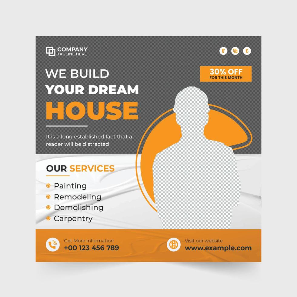 Creative home construction web banner design with green and yellow colors. House repairing service template with abstract shapes for social media marketing. Modern home renovation template vector. vector