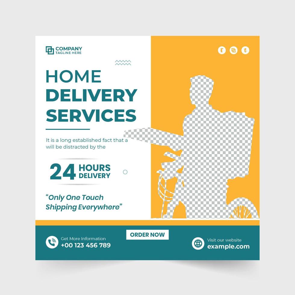 Online food delivery service template with blue and yellow colors. 24-hour home delivery business social media post vector. Express delivery service web banner design for a supermarket promotion. vector