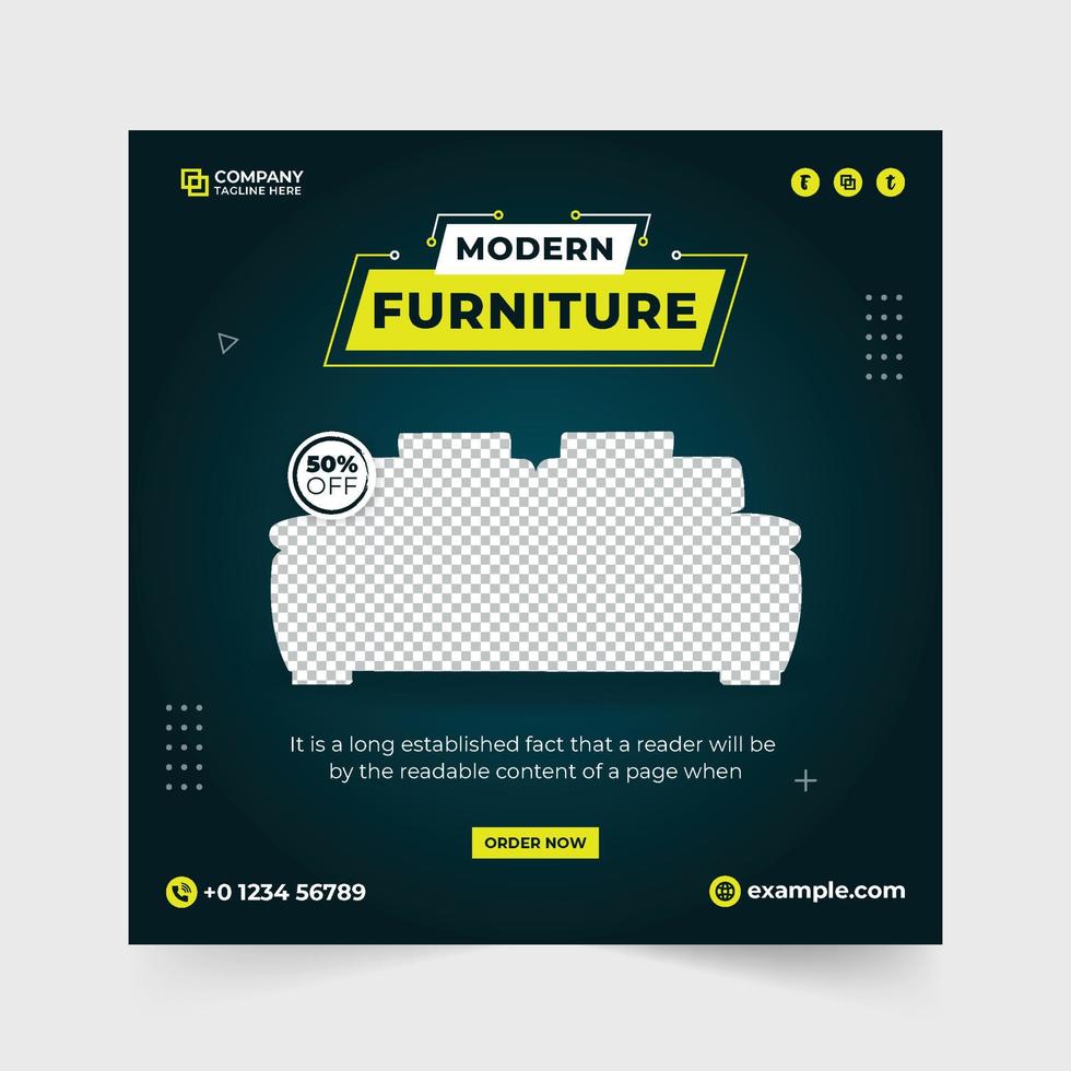 venta de muebles publicación en redes sociales para negocios. plantilla de promoción de tienda de muebles modernos con fondos azul oscuro y rojo. publicidad de muebles y vector de banner web de marketing digital.