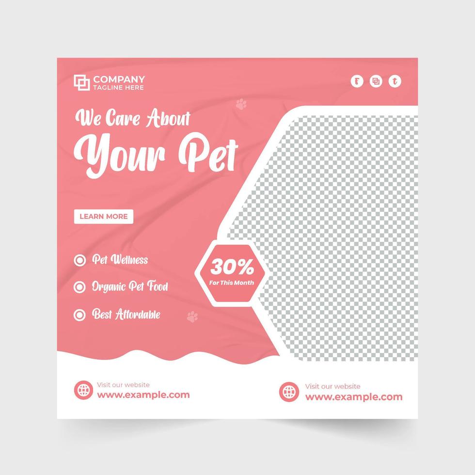 Creative pet care social media post vector with pink and blue colors. Pet grooming and healthcare business promotion template with abstract shapes. Animal veterinary service advertisement template.