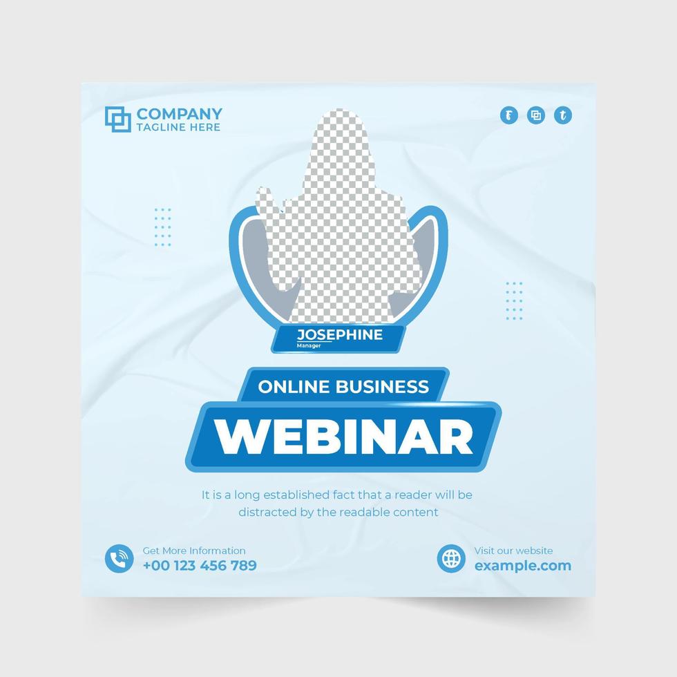 Online business webinar design for digital marketing. Creative webinar vector for corporate business presentation. Modern business seminar webinar social media post vector with blue color.