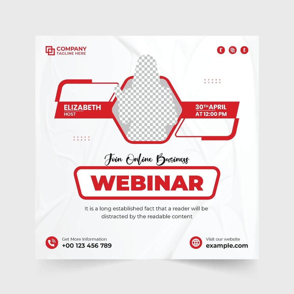 Webinar social media post vector with abstract shapes on a white background. Online business presentation template design with blue color. Digital marketing webinar template for business invitations.