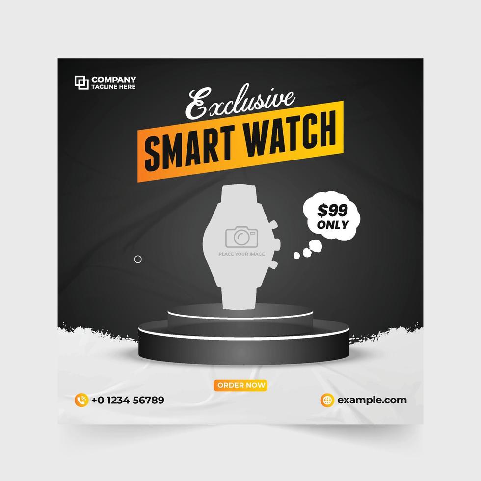 Smartwatch social media promotion template with dark backgrounds. Digital watch advertisement web banner vector for online marketing. Wrist-watch social media post design and discount offer template.