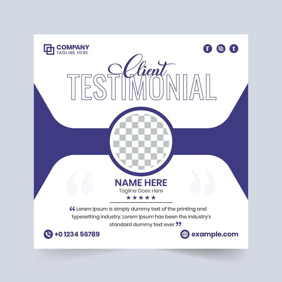 vector de plantilla de testimonio comercial con un marcador de posición de foto. revisión de clientes y diseño de sección de calificación de trabajo con colores púrpura y azul. vector de plantilla de testimonio de cliente.