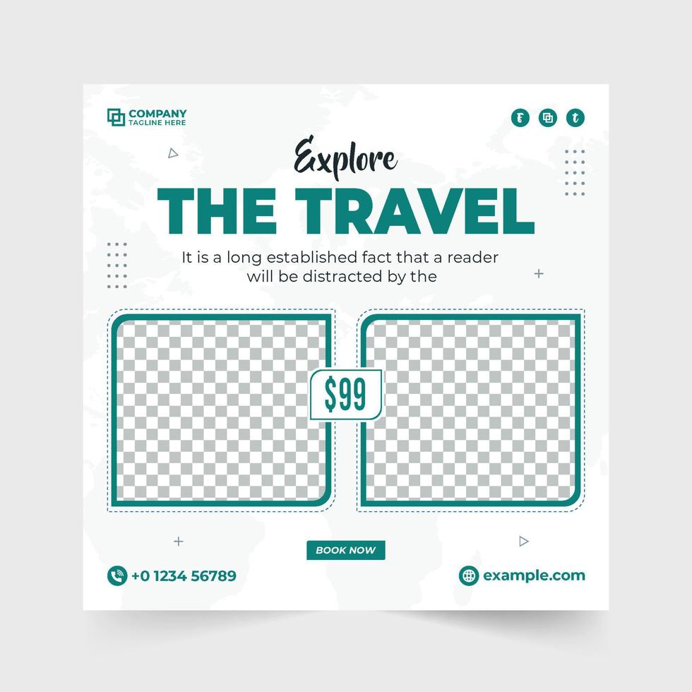 Travel social media post design with creative shapes. Touring group business promotion template with green colors. Vacation planner and touring agency advertising flyer template. vector