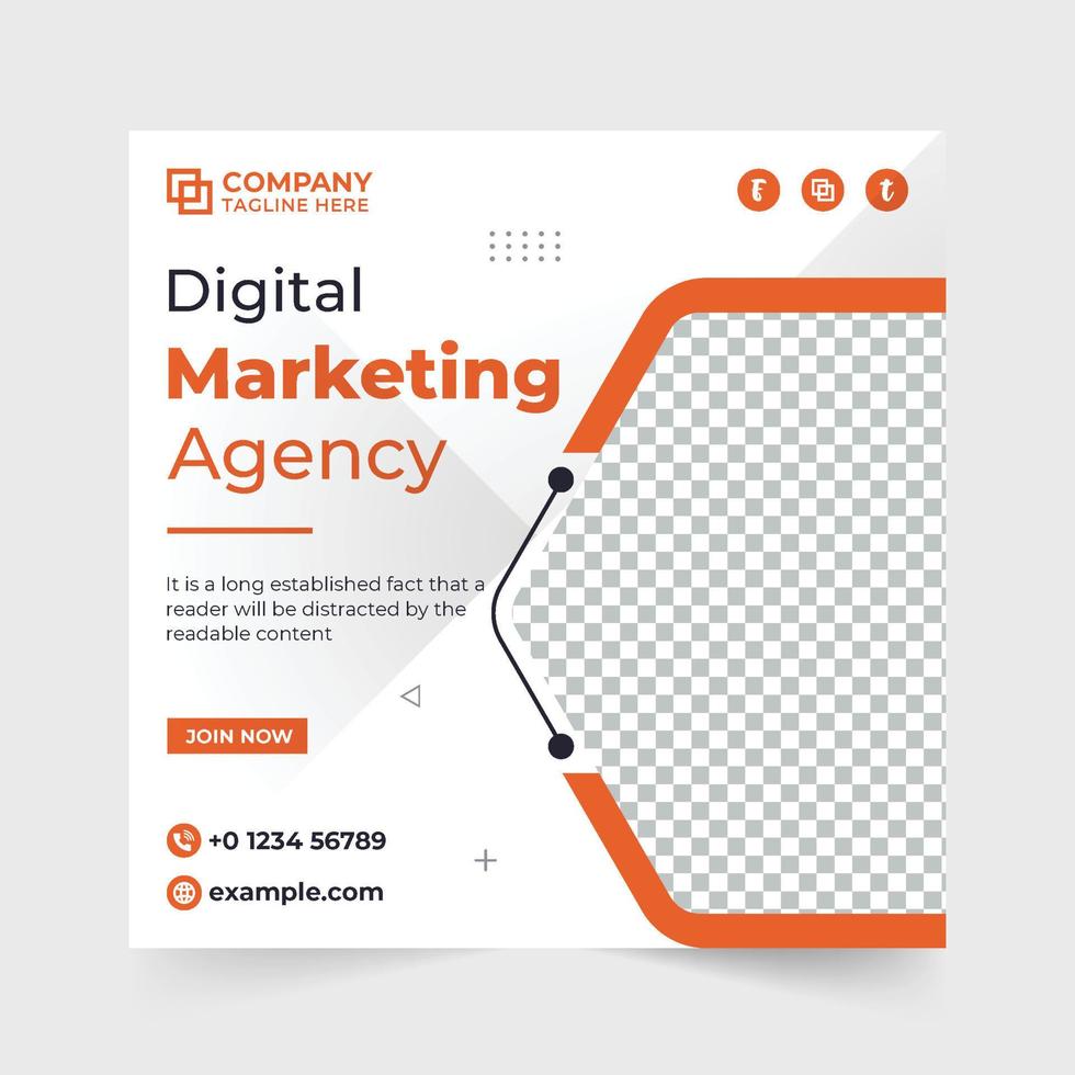 Online digital marketing social media post vector with a photo placeholder. Modern company promotion template vector for online marketing. Marketing agency web banner with green and orange colors.