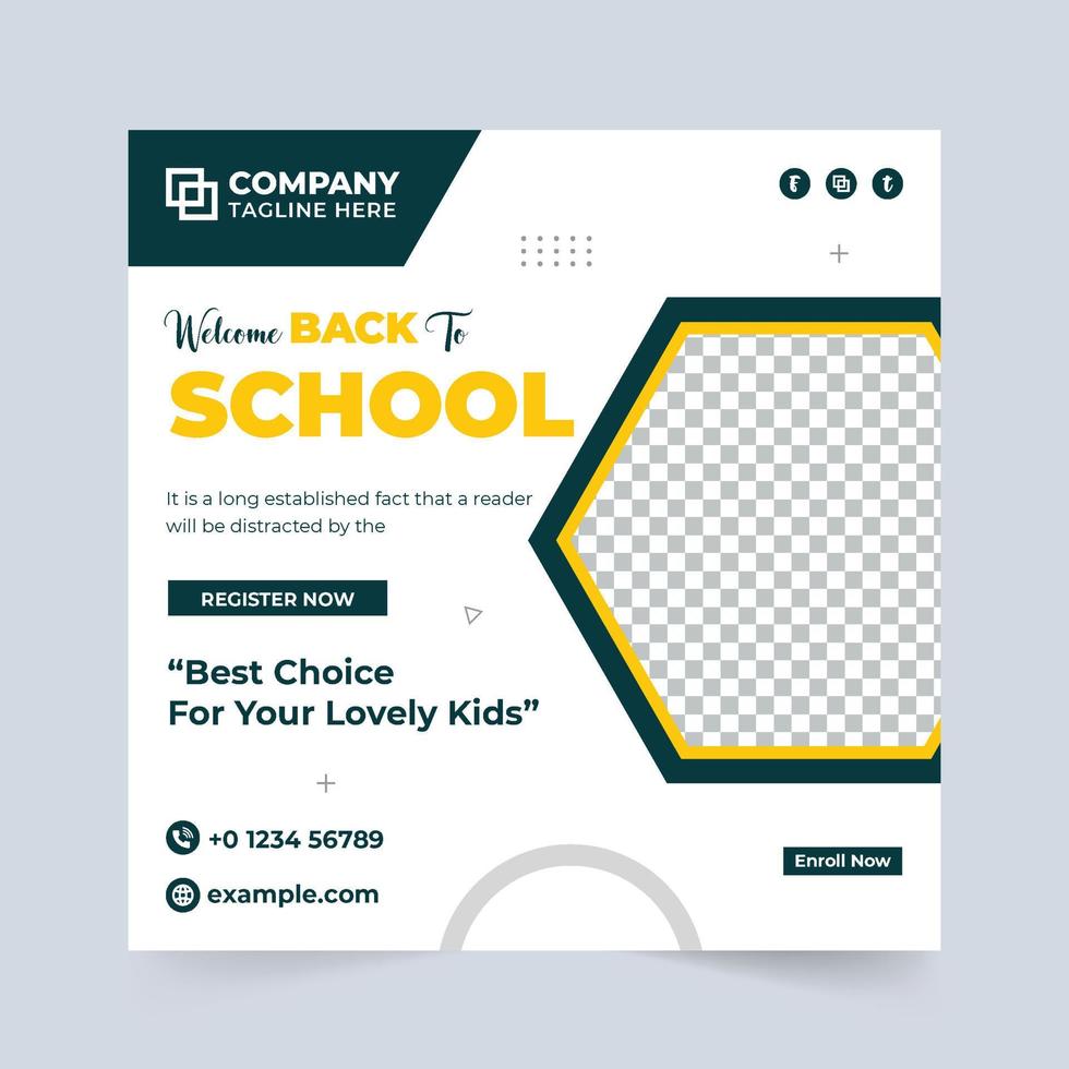 Simple school admission template vector with abstract shapes. Academic course promotion and college advertisement template design on white backgrounds. Back-to-school social media post.