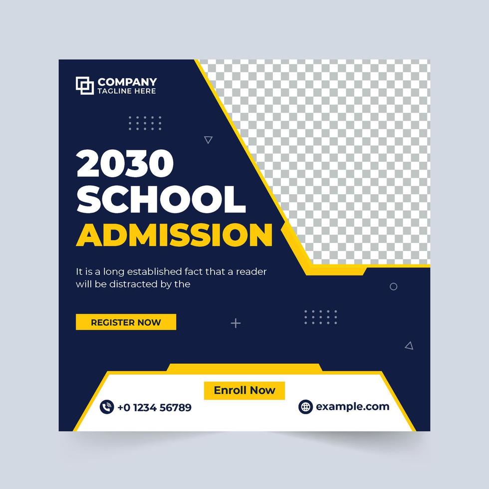 School admission social media post vector with yellow and dark colors. Academic and educational poster design with abstract shapes. School registration template vector. Back-to-school template design.