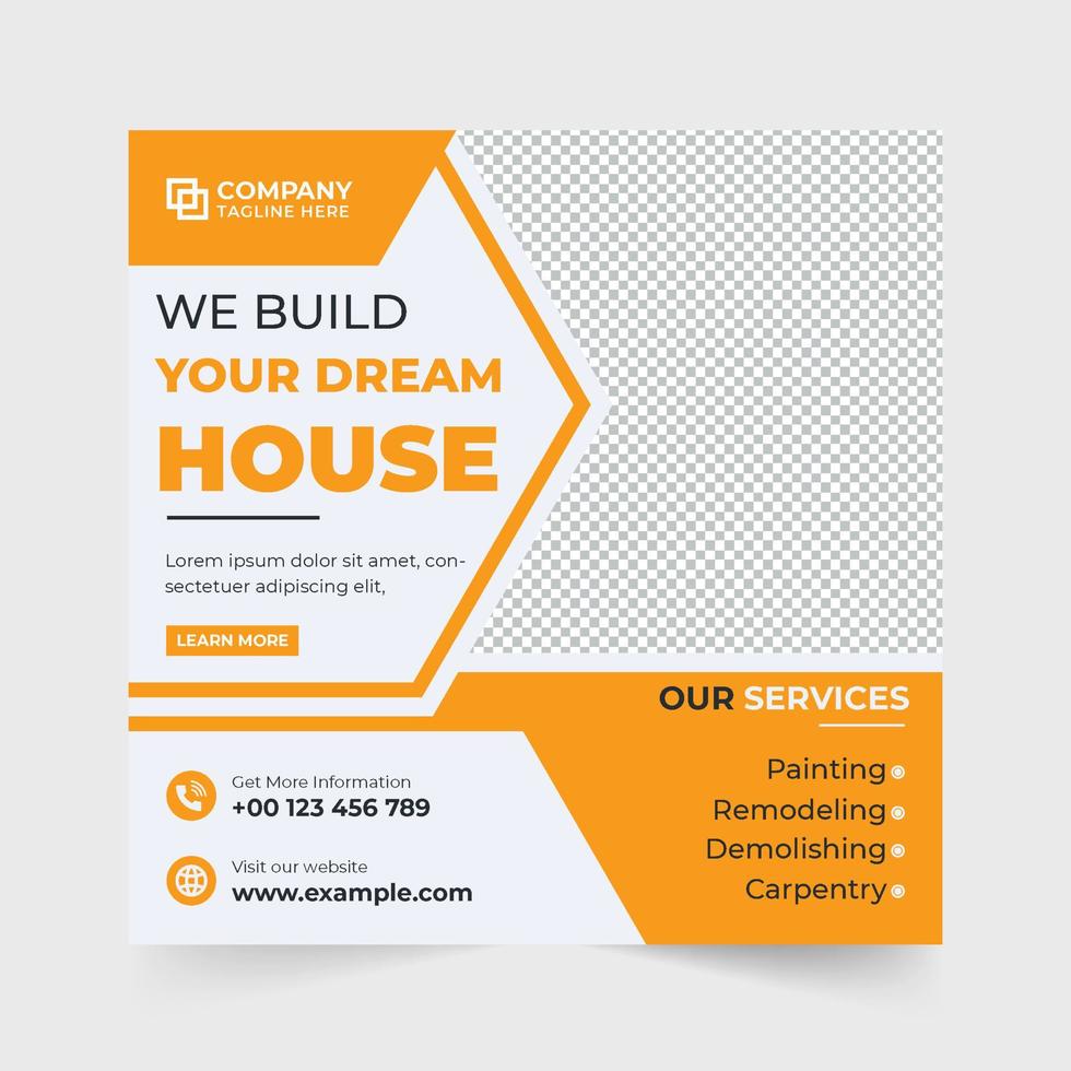 Construction management and real estate business social media posts with green and yellow colors. Home construction and real estate business promotional template vector. Home repair service web banner vector