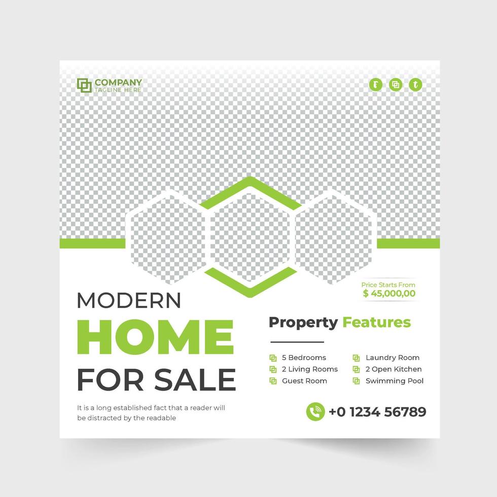 Elegant home selling social media post template with yellow and green colors. Minimalist house selling promotional web banner design for digital marketing. Real estate business advertisement template. vector