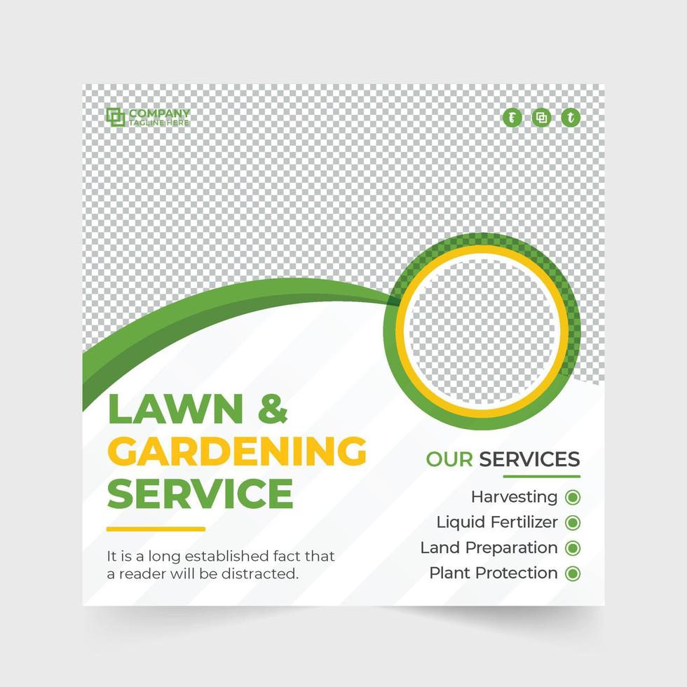 Harvesting and gardening service social media post design with green and blue colors. Lawn mower business template for marketing. Agro farm service promotional template design with creative shapes. vector