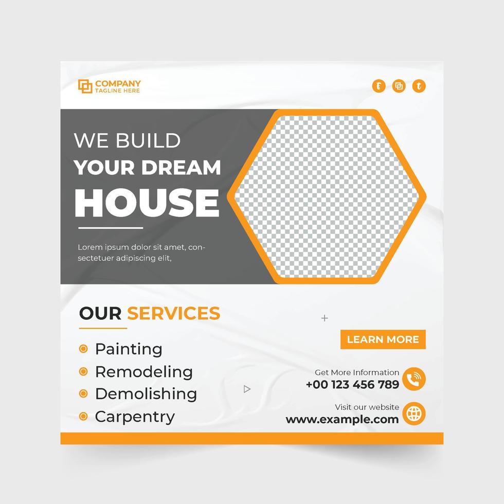 Creative housing business template vector with geometric shapes. Construction work service social media marketing template. Real estate business promotion template with yellow and white colors.