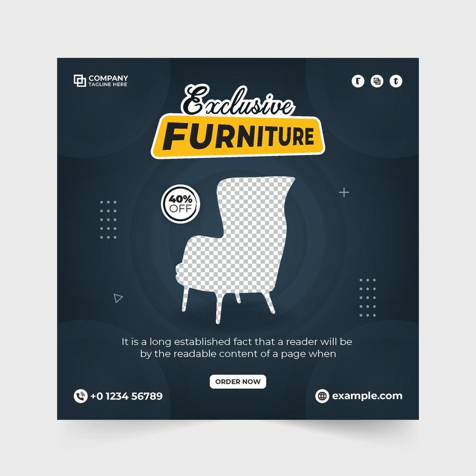 Exclusive furniture sale banner template with discount offer. Furniture store promotion template vector with dark backgrounds. Furniture and home appliance business template design for marketing.