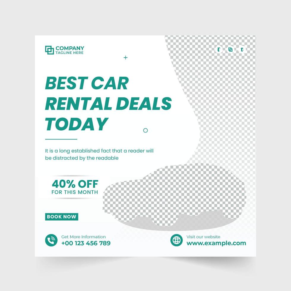 Luxurious car rental business template for online marketing. Digital rent a car business promotion template with white background. Car rental service social media post vector with a photo placeholder.