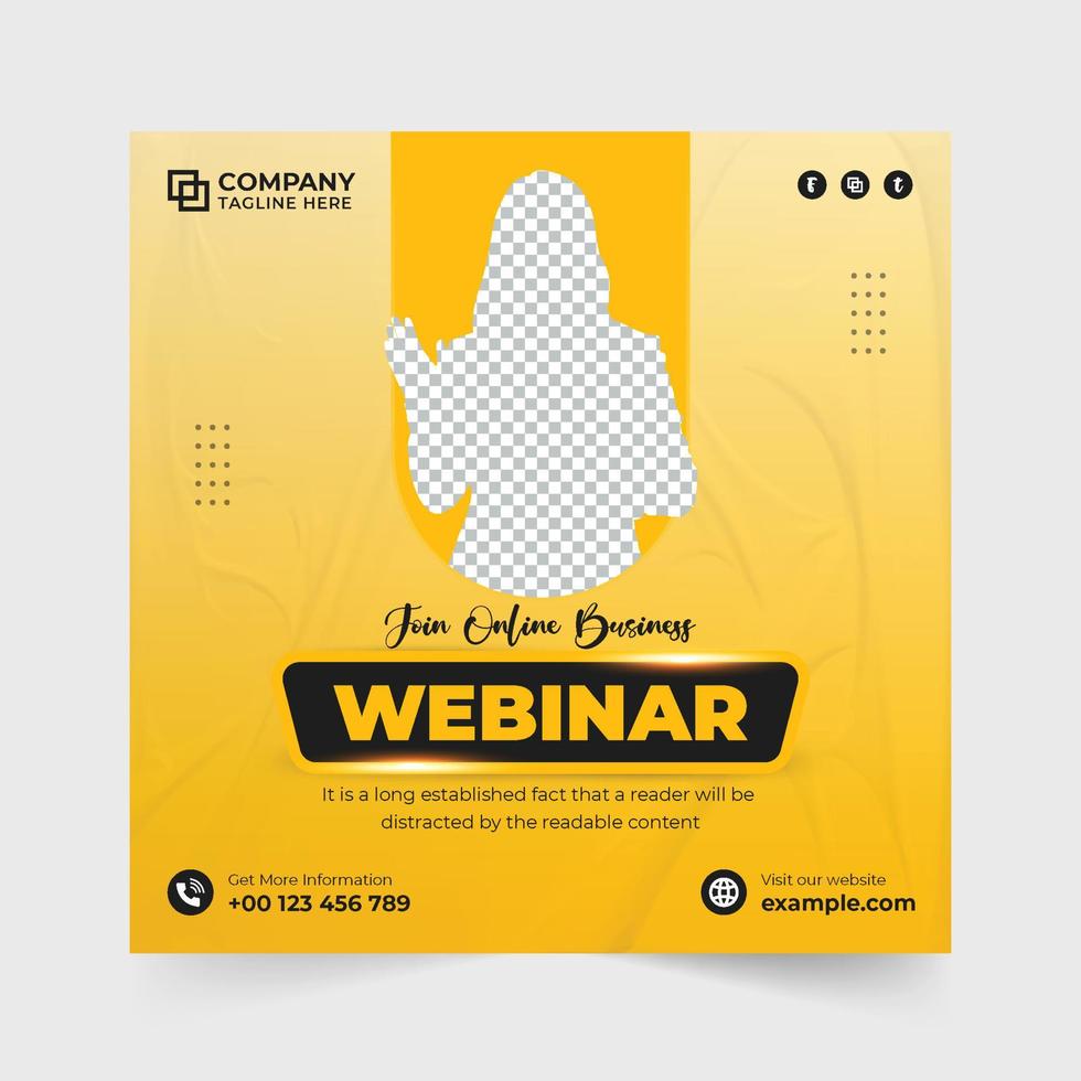 Online business webinar social media post vector for digital marketing. Modern webinar design for business promotion and presentation. Business seminar web banner template with yellow and blue colors.