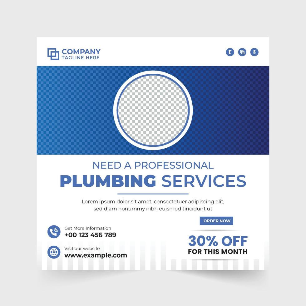 Professional plumbing service social media post vector for business advertisement. Corporate Plumber and handyman web banner template with blue and green colors. Plumbing business marketing template.