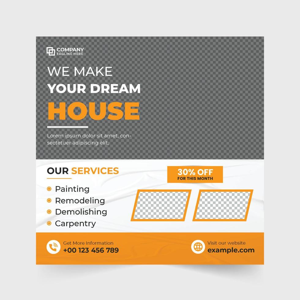 Real estate home-making business template for social media marketing. House construction and repairing service web banner design with green and yellow colors. Home renovation business template vector. vector