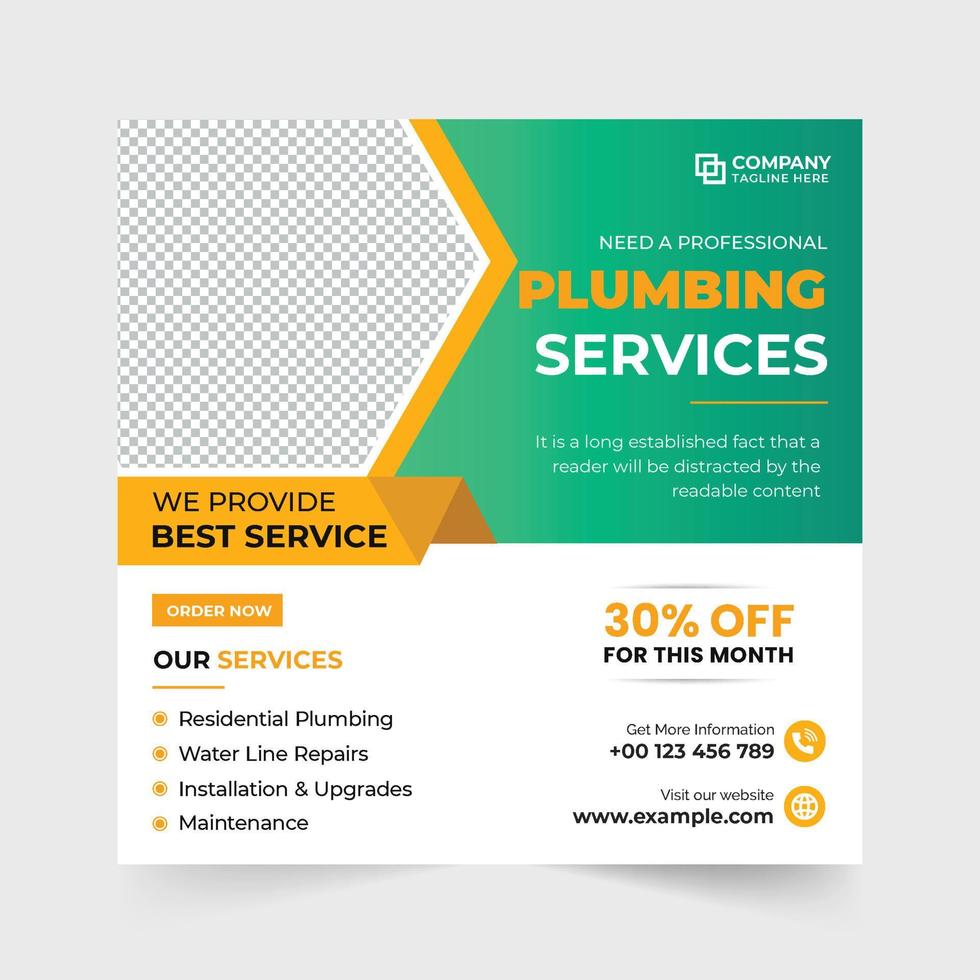 Handyman business web banner vector with blue and green colors. Plumber business commercial template for social media marketing. Emergency plumbing service and maintenance promotion template.
