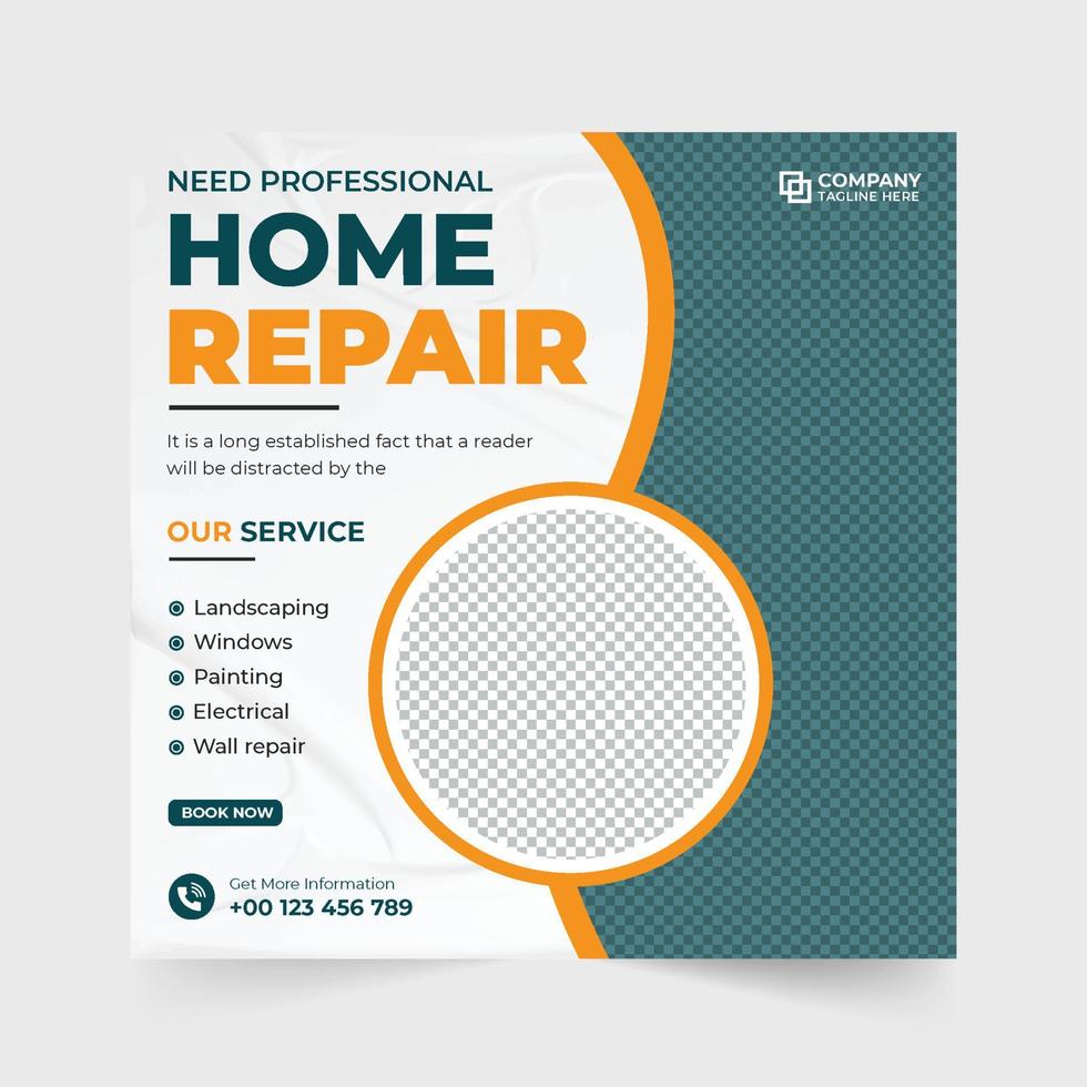 Home repair service social media post vector with yellow and orange colors. House renovation business promotional template vector for online marketing. Home construction and handyman web banner design