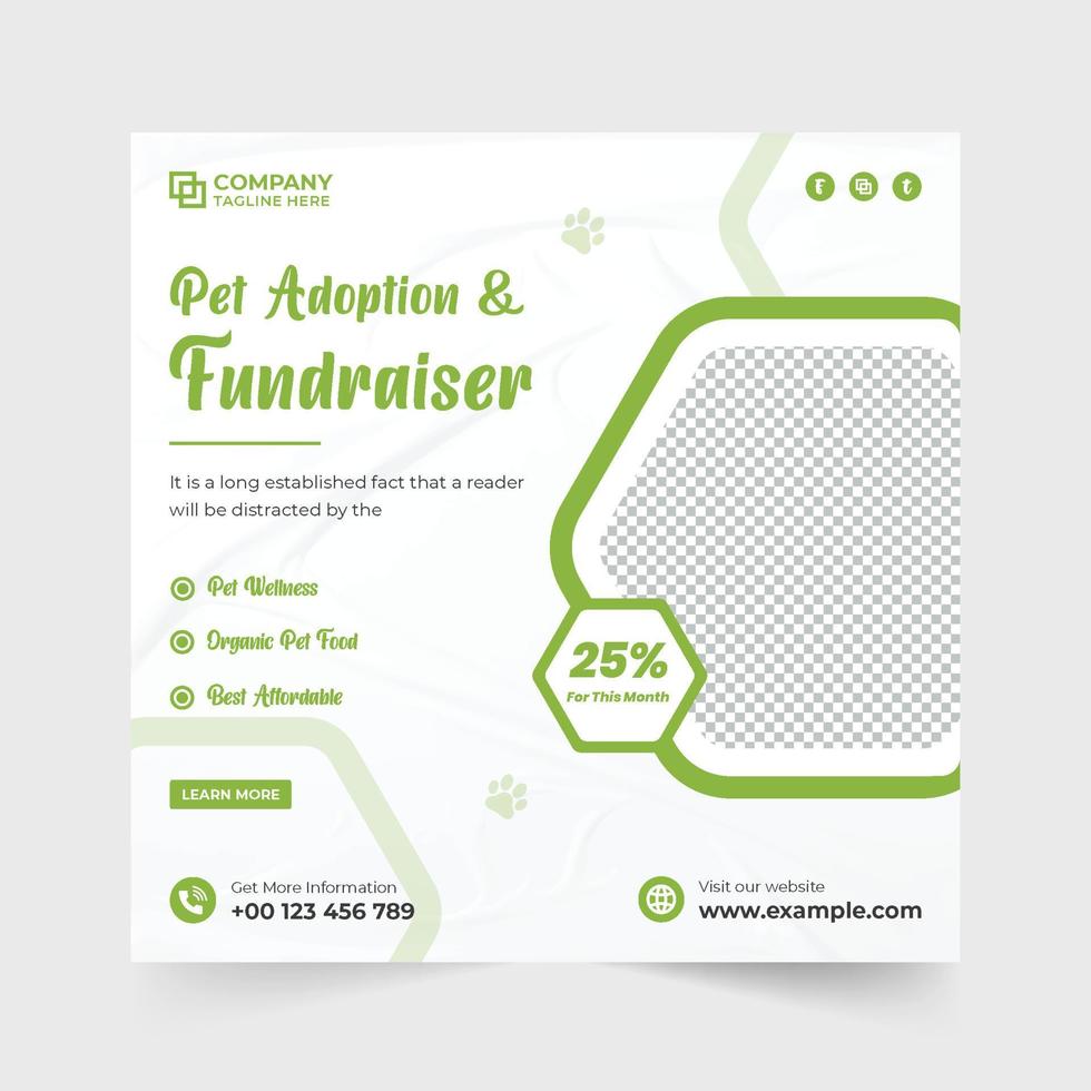 Pet adoption and fundraiser service template for social media marketing. Creative pet care and grooming center promotional poster design with green and blue colors. Pet veterinary advertisement design vector