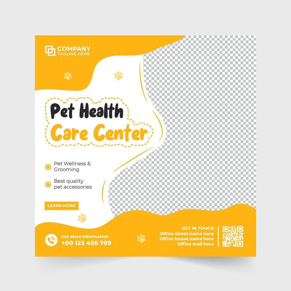 Pet care service social media post vector with yellow and blue colors. Pet veterinary web banner design with abstract shapes. Animal grooming and healthcare promotional template design.