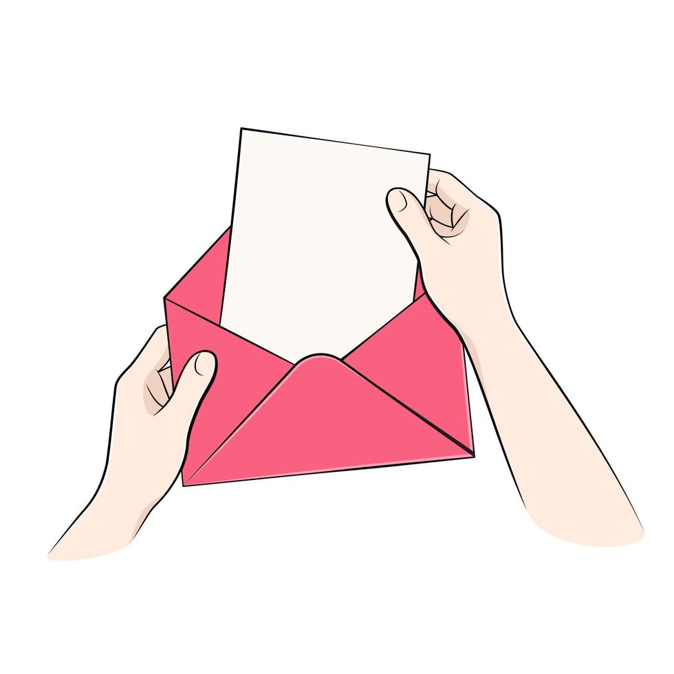 Hands holding an envelope and getting out a blank paper sheet, comic, cartoon style vector illustration