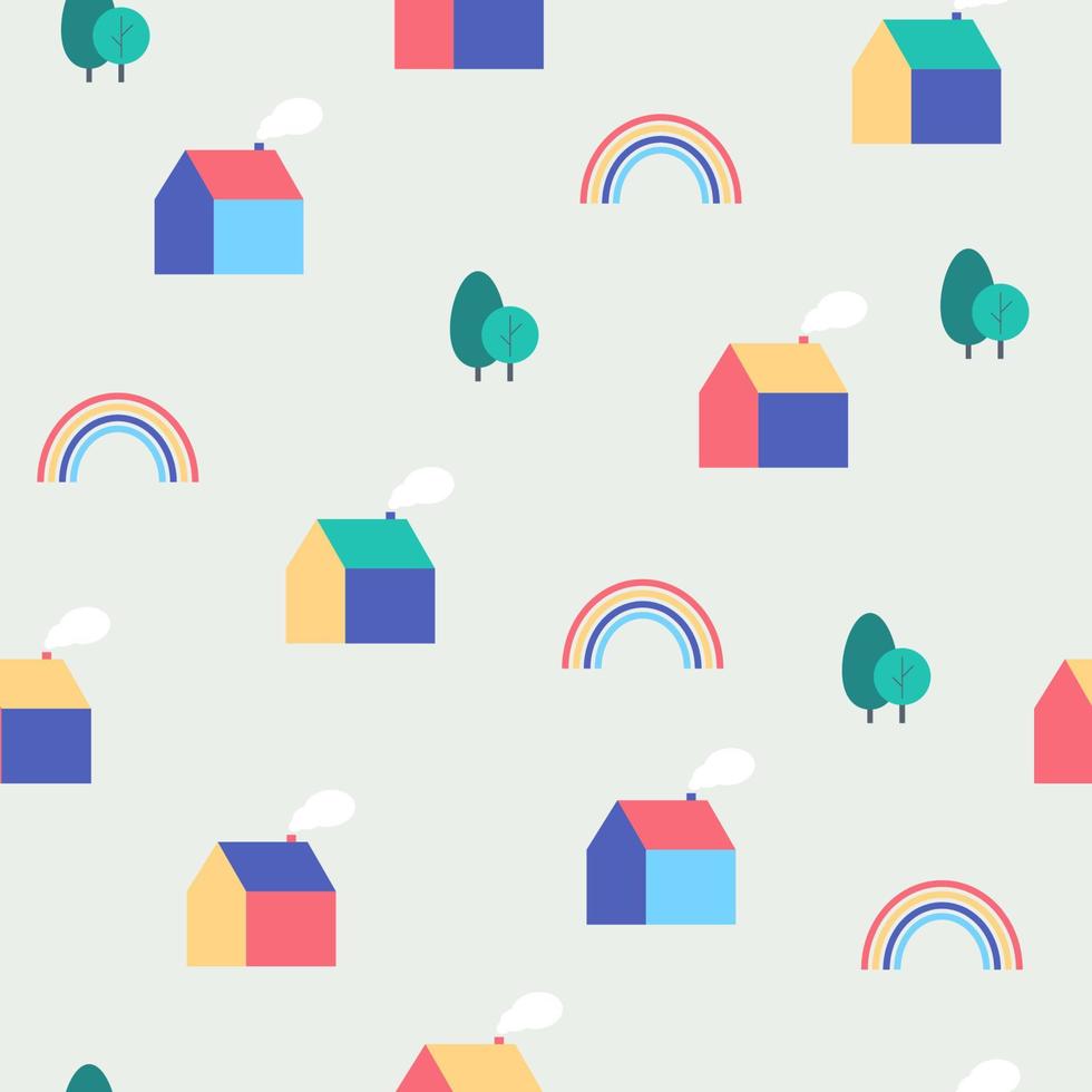 Cute seamless simple pattern with tiny houses, rainbow and trees in minimalistic flat style vector