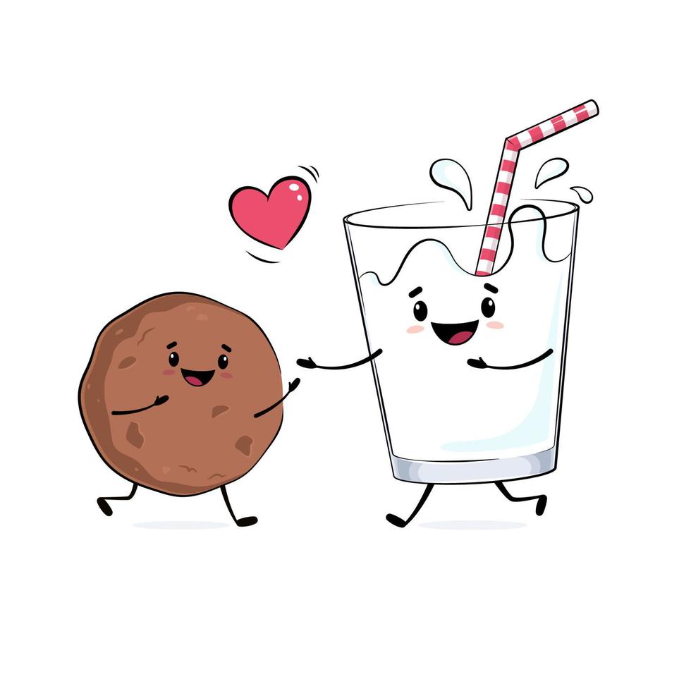 Happy cartoon cookie and a glass of milk running to hug each other, cute character drawing, love illustration vector