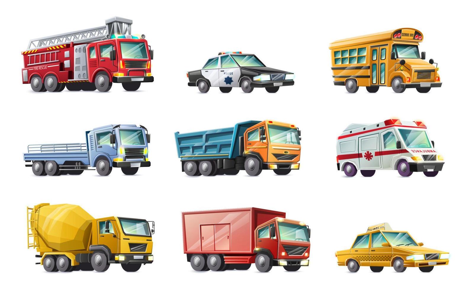 colección de dibujos animados vectoriales de camiones de bomberos, camión de policía, autobús escolar, camión, ambulancia, hormigonera, taxi. vector