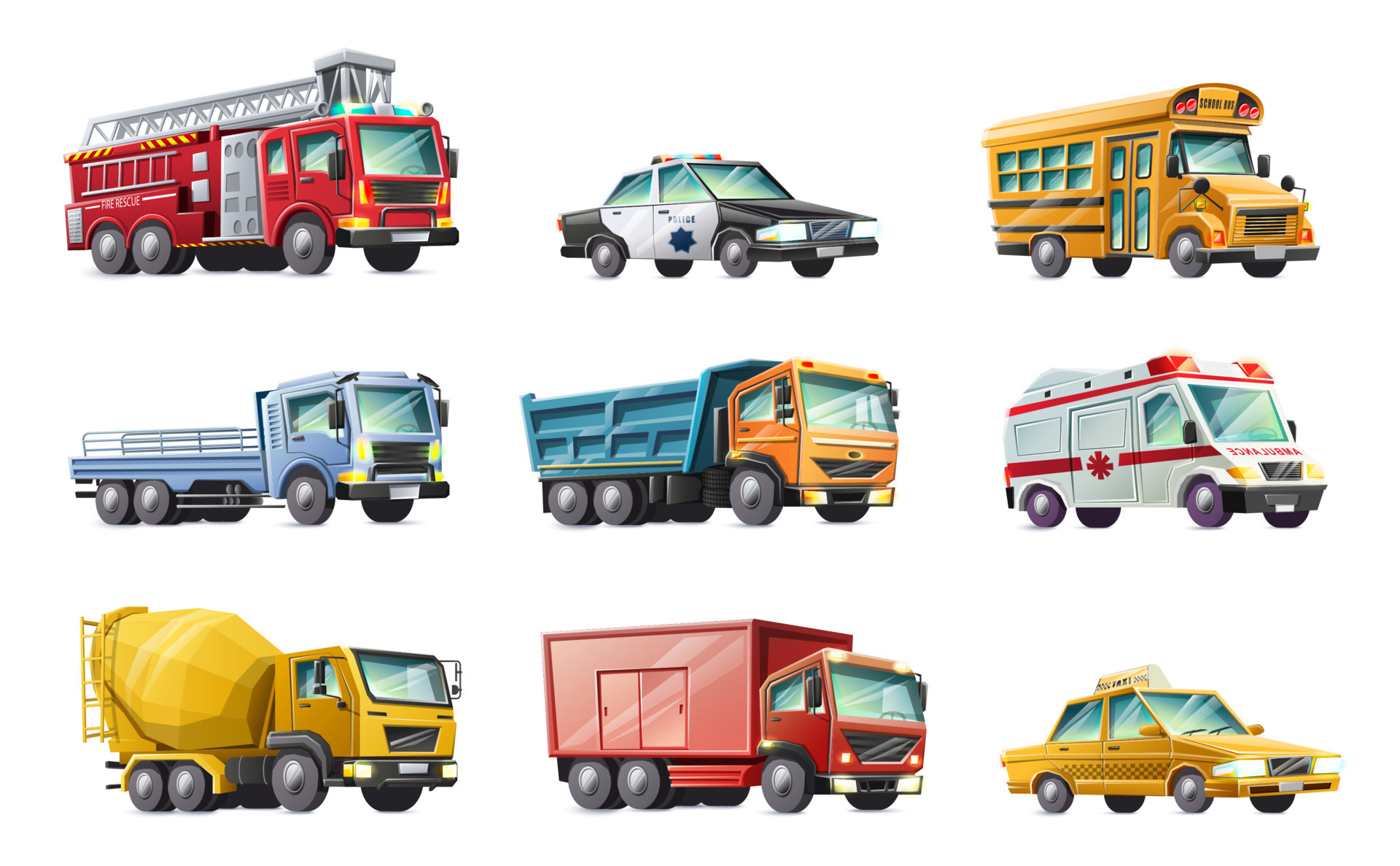 Vector cartoon style collection of cars fire brigade, police car, school  bus, truck, ambulance, concrete mixer, taxi. 14170573 Vector Art at Vecteezy
