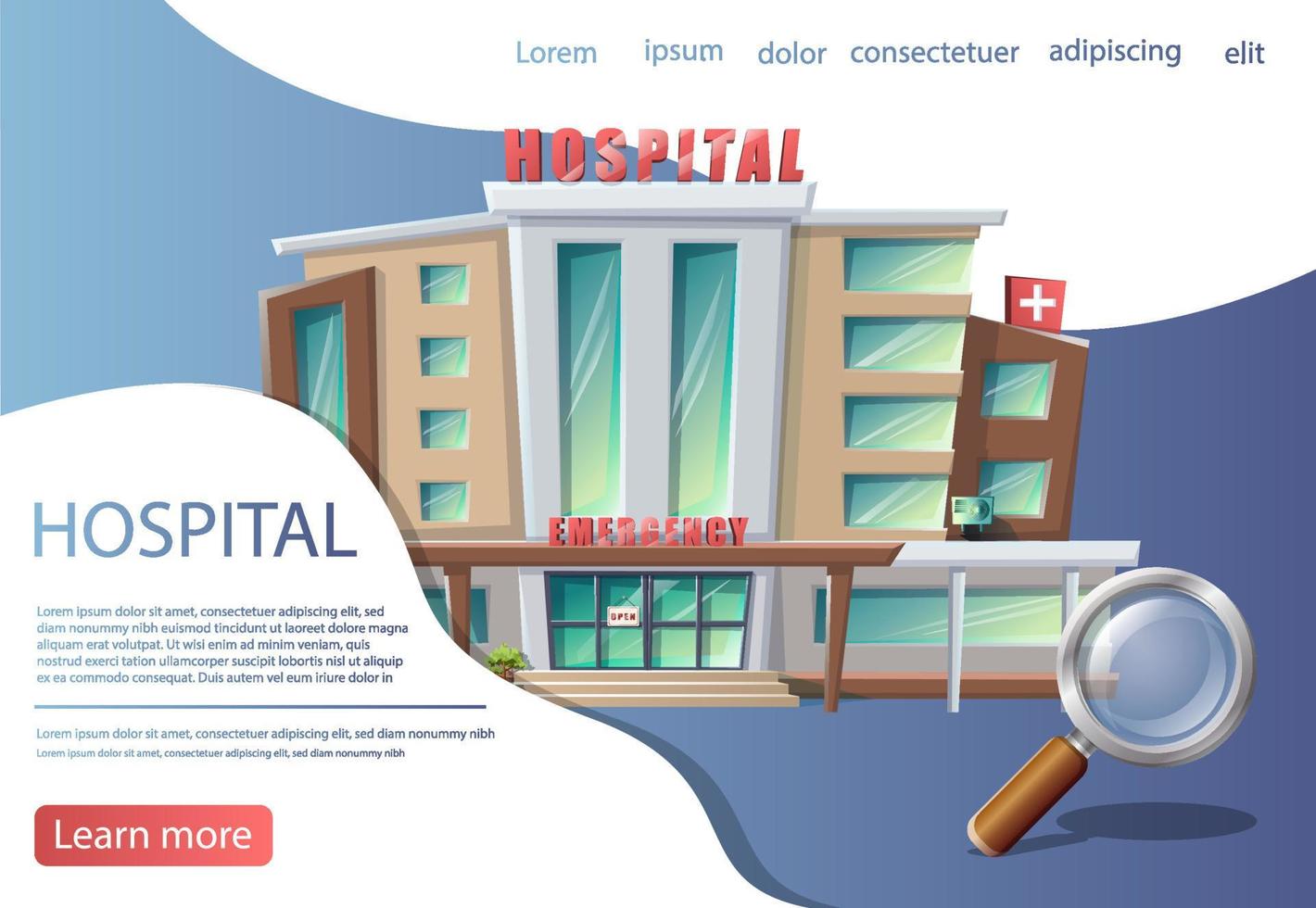 Vector cartoon style background with hospital building. Medical consultation, diagnostic center banner.