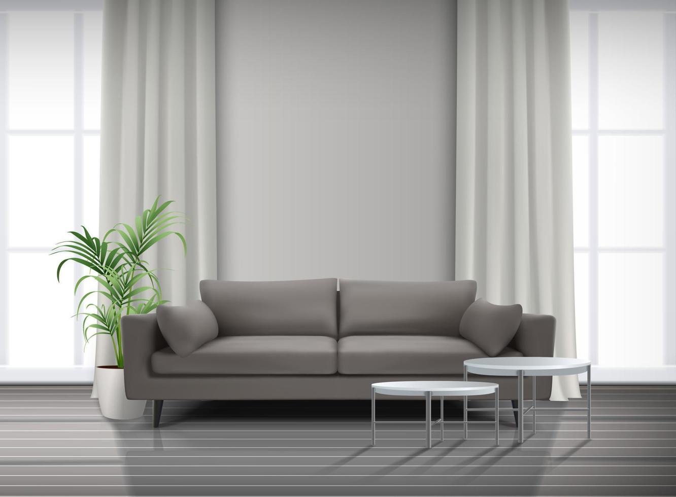 3d realistic vector living room interior with windows, curtains, sofa with coffee tables.