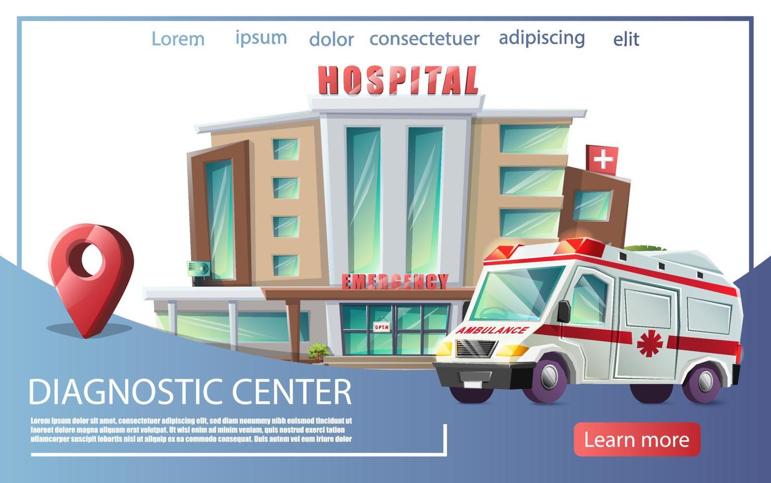 Vector cartoon style background with hospital building and ambulance car. Medical consultation, diagnostic center banner.