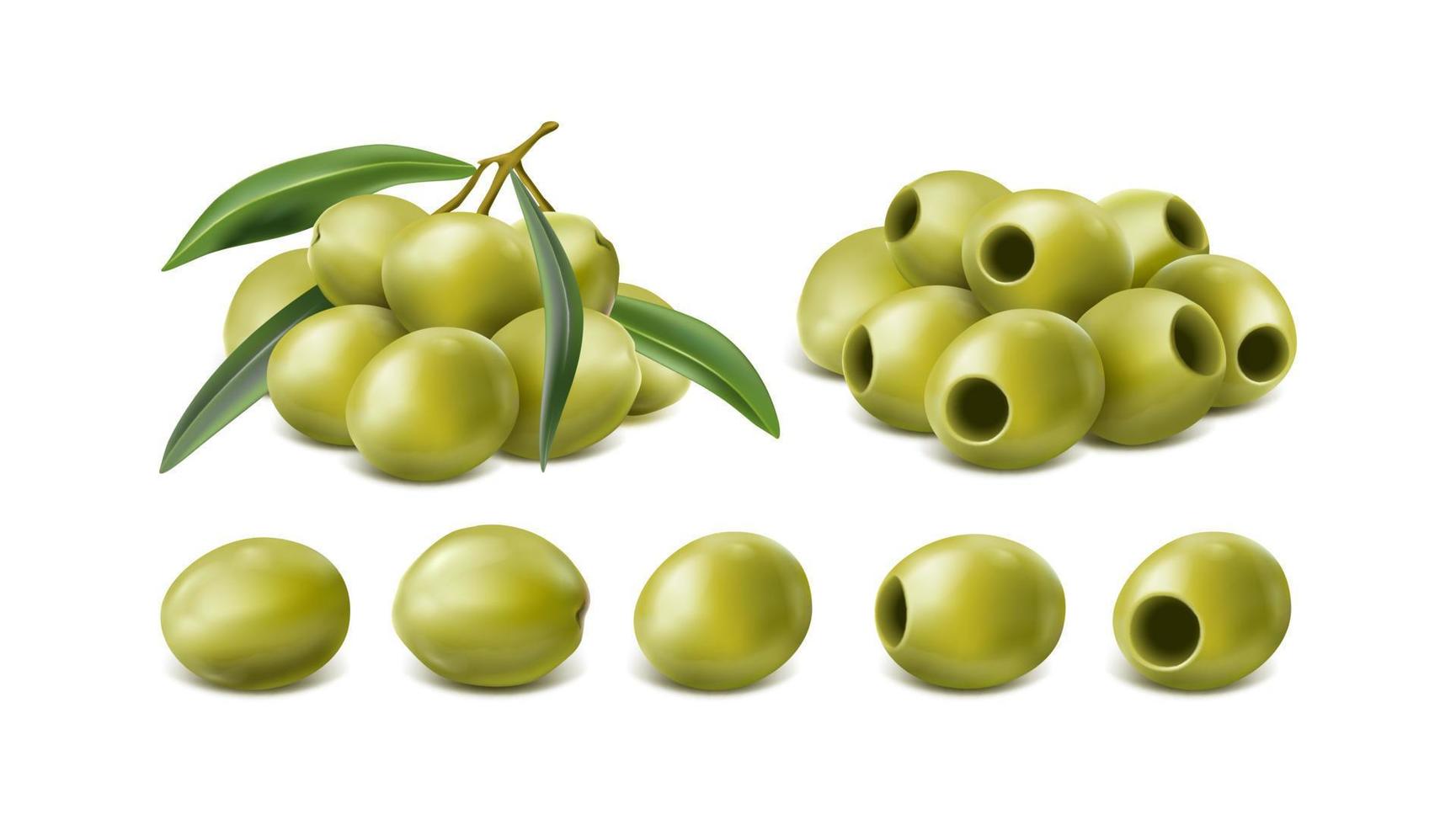 3d realistic vector icon set. Green   olives. Isolated on white background.