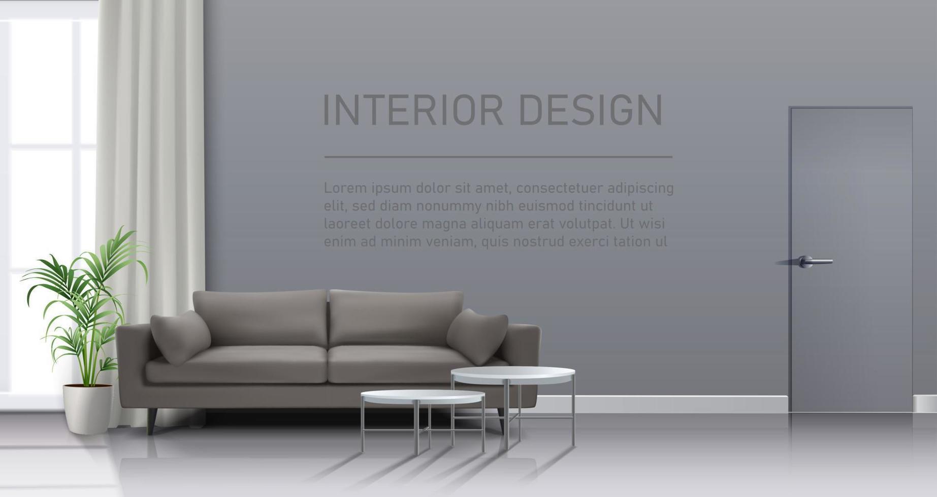Interior de sala de estar vectorial realista en 3d con ventana, cortinas, sofá con mesas bajas y espacio para copiar su mensaje. vector