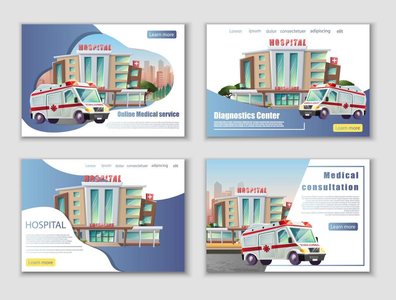 pancartas en estilo de dibujos animados con edificio de hospital y ambulancias. consulta médica, pancartas del centro de diagnóstico vector