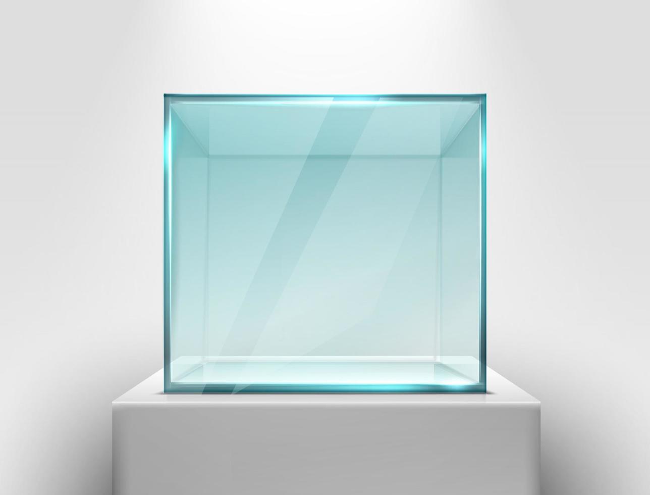 3d realistic vector glass square showcase on a white stand for presentation.