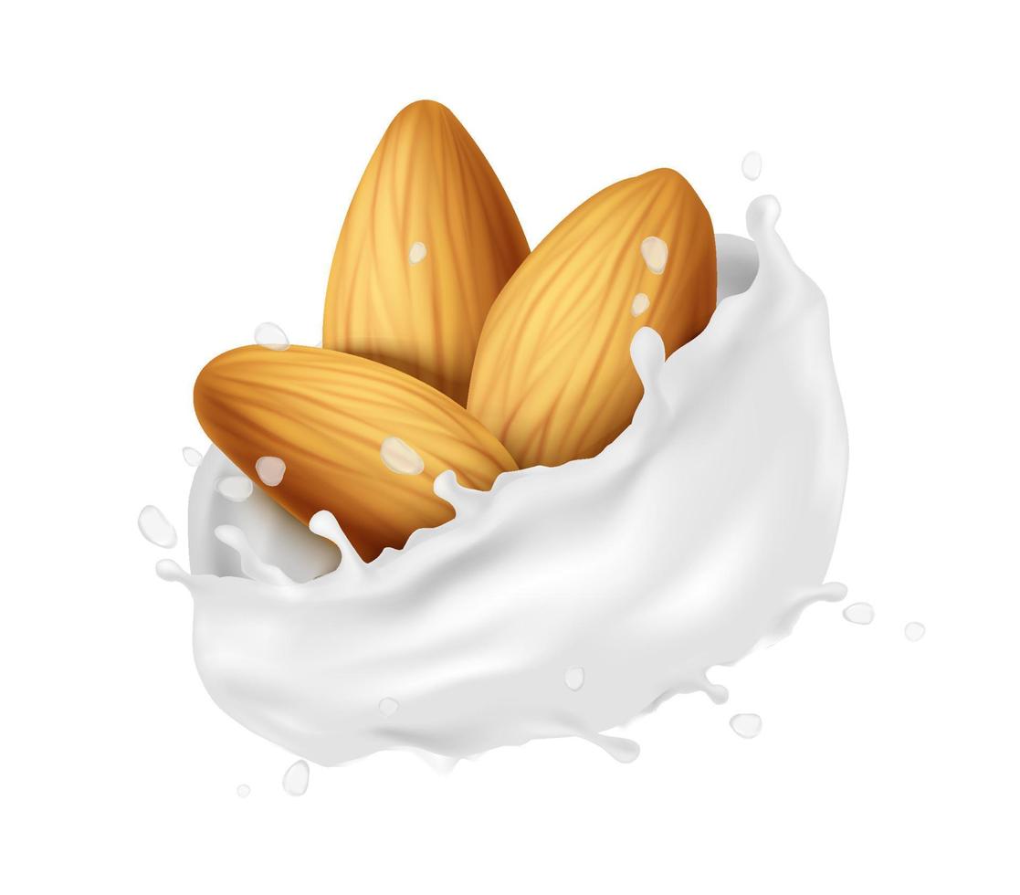 Icono de vector realista 3d. elemento de diseño para empaques, pancartas, publicidad y volantes. lácteos. almendras en un chorrito de leche.