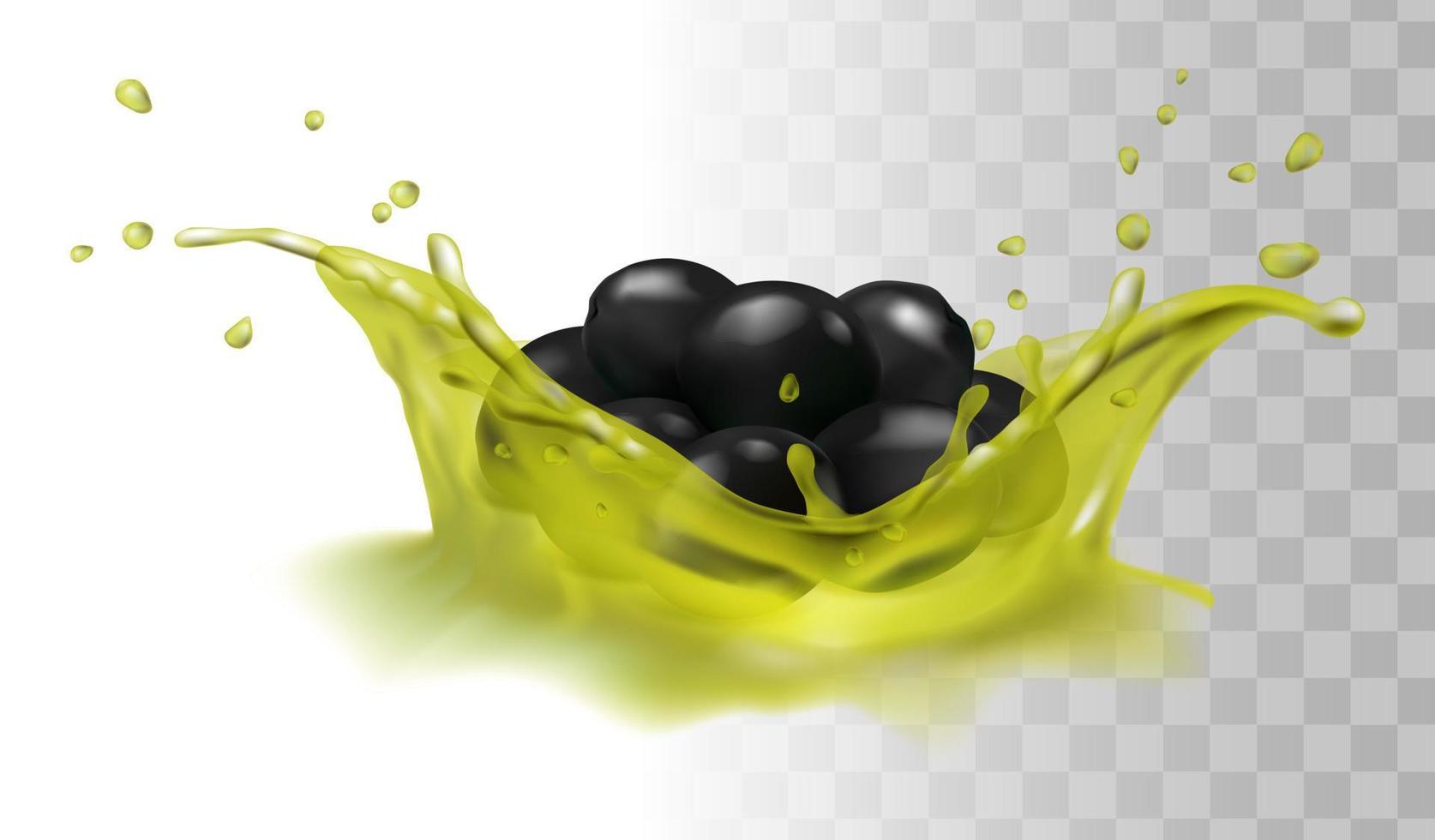 Icono de vector realista 3d. salpicadura de aceite de oliva. Aceitunas negras.