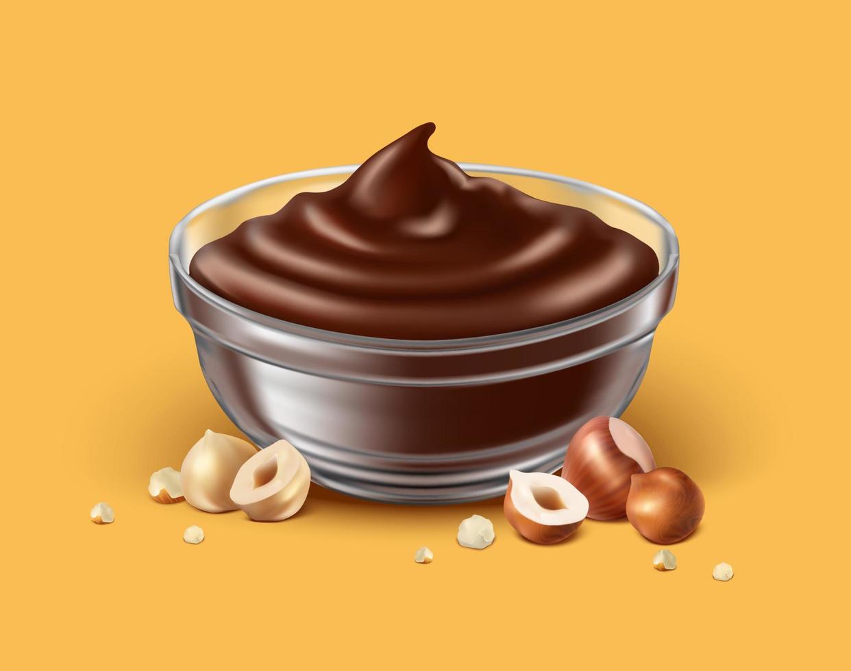 3d realistic vector background. Hazelnut spread in a glass bowl with nuts around. Isolated on yellow background.